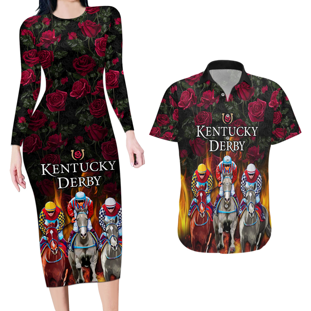 Personalized Kentucky Horses Racing Couples Matching Long Sleeve Bodycon Dress and Hawaiian Shirt Race For Burning Roses - Wonder Print Shop