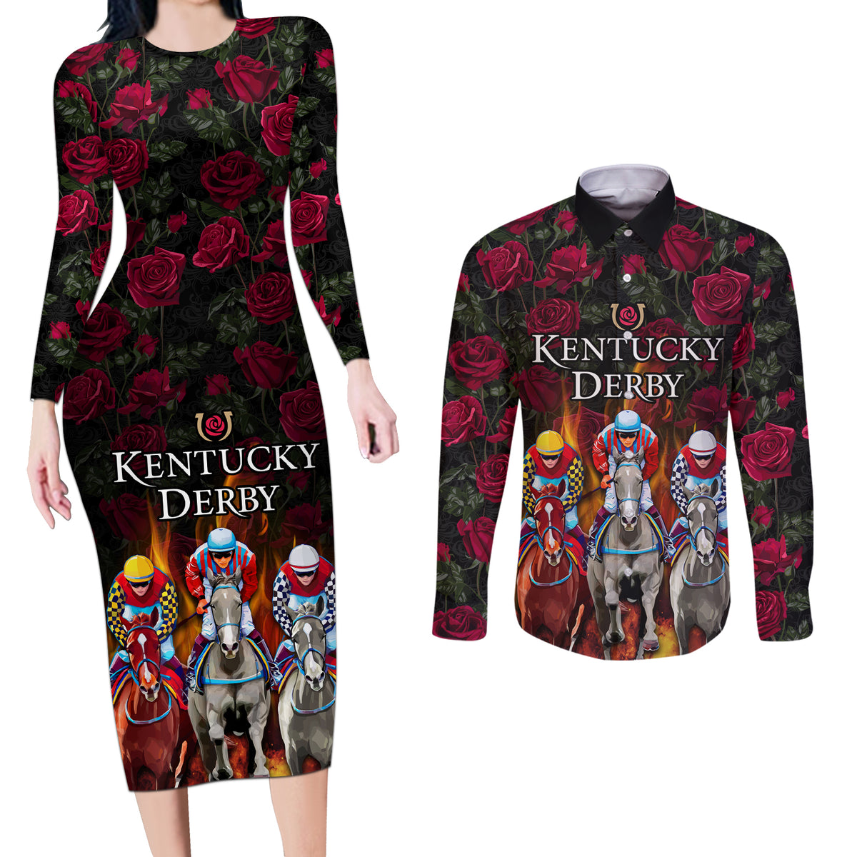 Personalized Kentucky Horses Racing Couples Matching Long Sleeve Bodycon Dress and Long Sleeve Button Shirt Race For Burning Roses - Wonder Print Shop