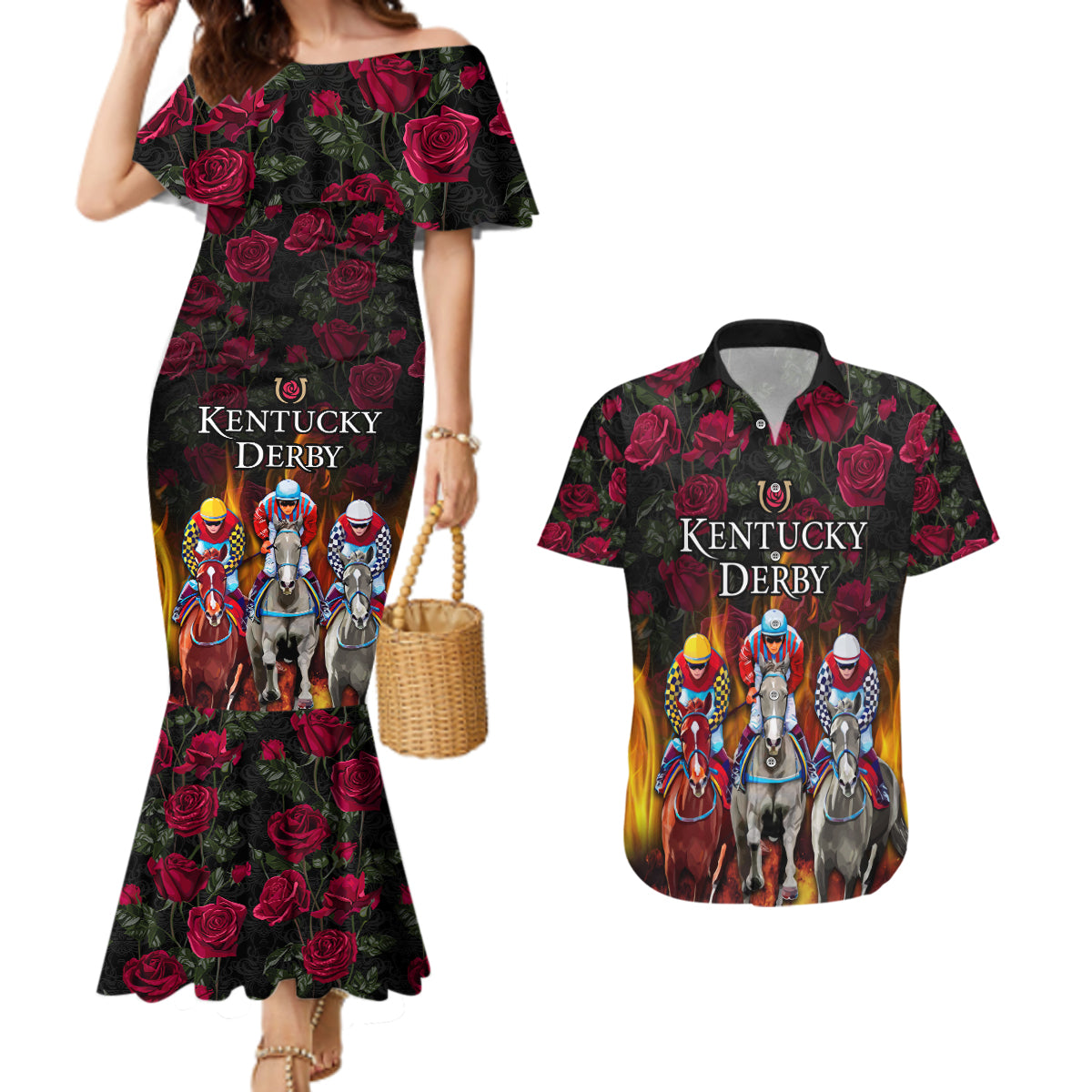 Personalized Kentucky Horses Racing Couples Matching Mermaid Dress and Hawaiian Shirt Race For Burning Roses - Wonder Print Shop
