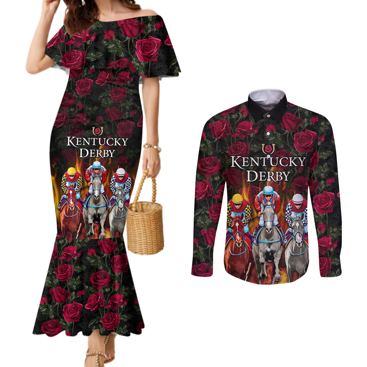 Personalized Kentucky Horses Racing Couples Matching Mermaid Dress and Long Sleeve Button Shirt Race For Burning Roses