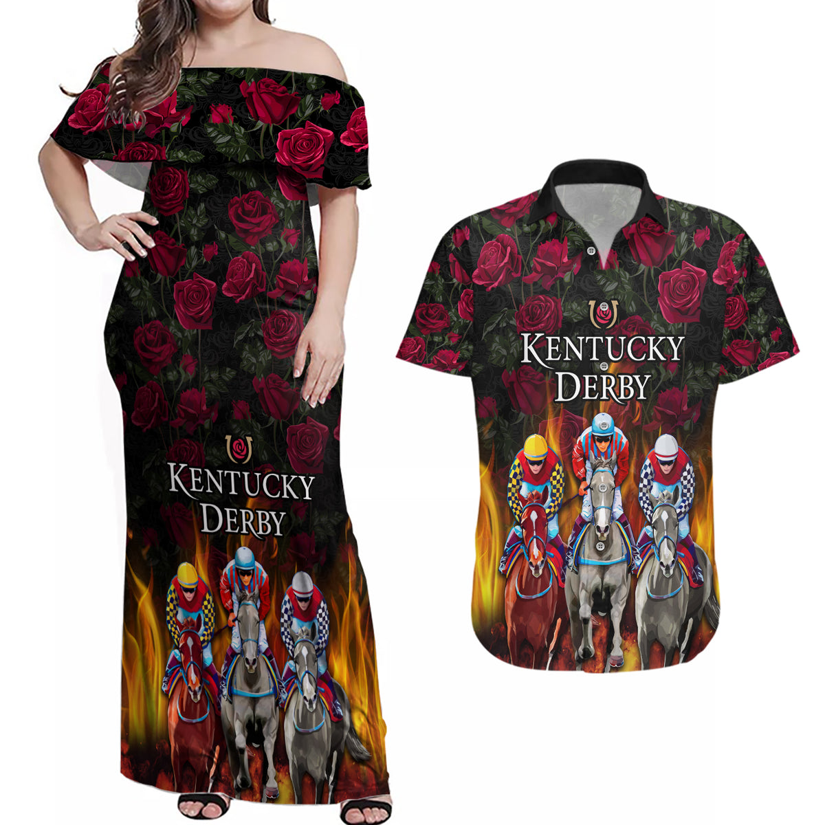 Personalized Kentucky Horses Racing Couples Matching Off Shoulder Maxi Dress and Hawaiian Shirt Race For Burning Roses - Wonder Print Shop