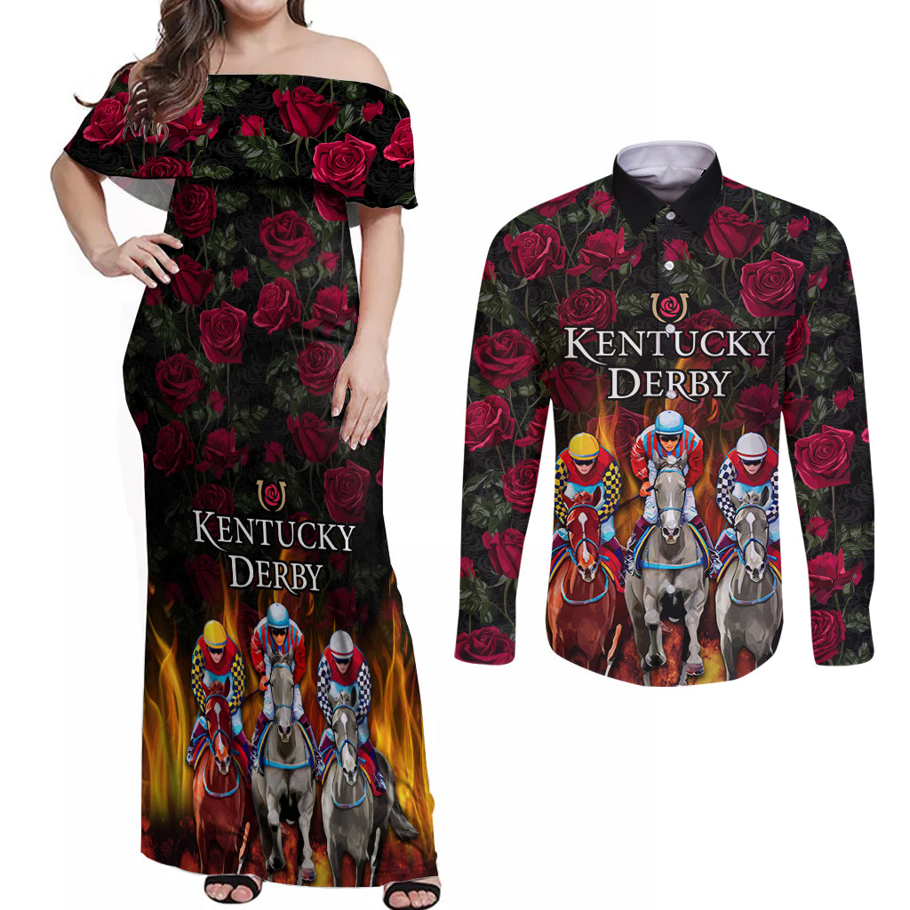 Personalized Kentucky Horses Racing Couples Matching Off Shoulder Maxi Dress and Long Sleeve Button Shirt Race For Burning Roses - Wonder Print Shop