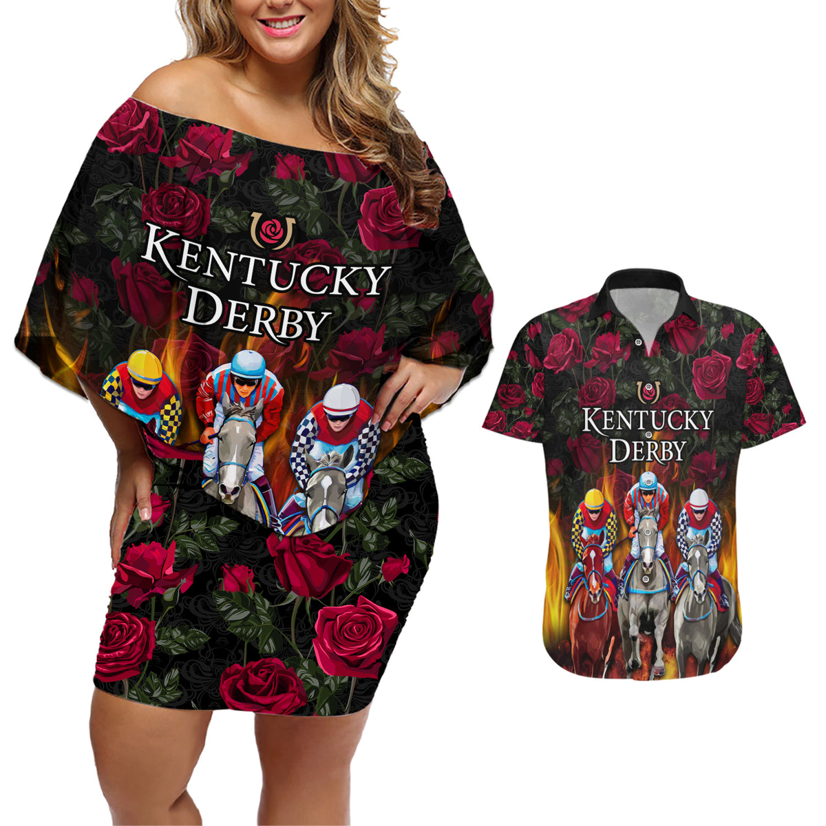 Personalized Kentucky Horses Racing Couples Matching Off Shoulder Short Dress and Hawaiian Shirt Race For Burning Roses - Wonder Print Shop