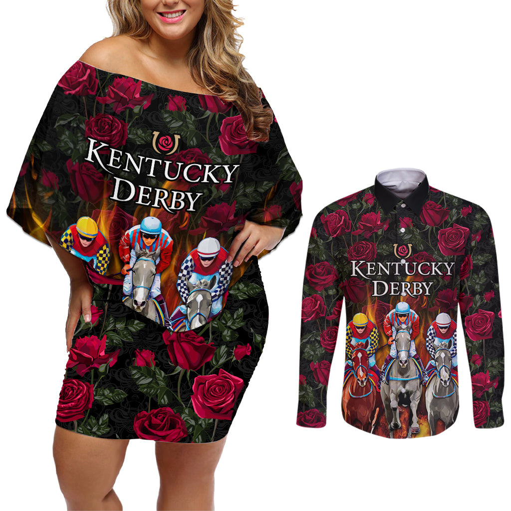 Personalized Kentucky Horses Racing Couples Matching Off Shoulder Short Dress and Long Sleeve Button Shirt Race For Burning Roses - Wonder Print Shop
