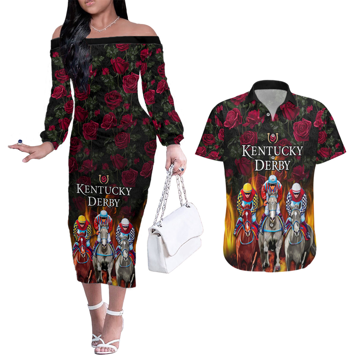Personalized Kentucky Horses Racing Couples Matching Off The Shoulder Long Sleeve Dress and Hawaiian Shirt Race For Burning Roses - Wonder Print Shop
