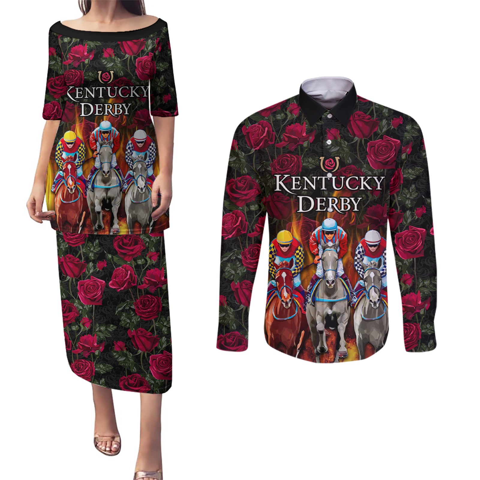 Personalized Kentucky Horses Racing Couples Matching Puletasi and Long Sleeve Button Shirt Race For Burning Roses - Wonder Print Shop