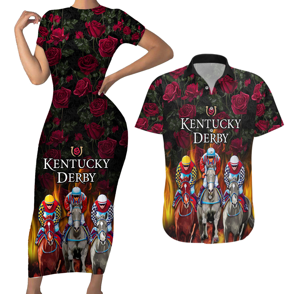 Personalized Kentucky Horses Racing Couples Matching Short Sleeve Bodycon Dress and Hawaiian Shirt Race For Burning Roses - Wonder Print Shop