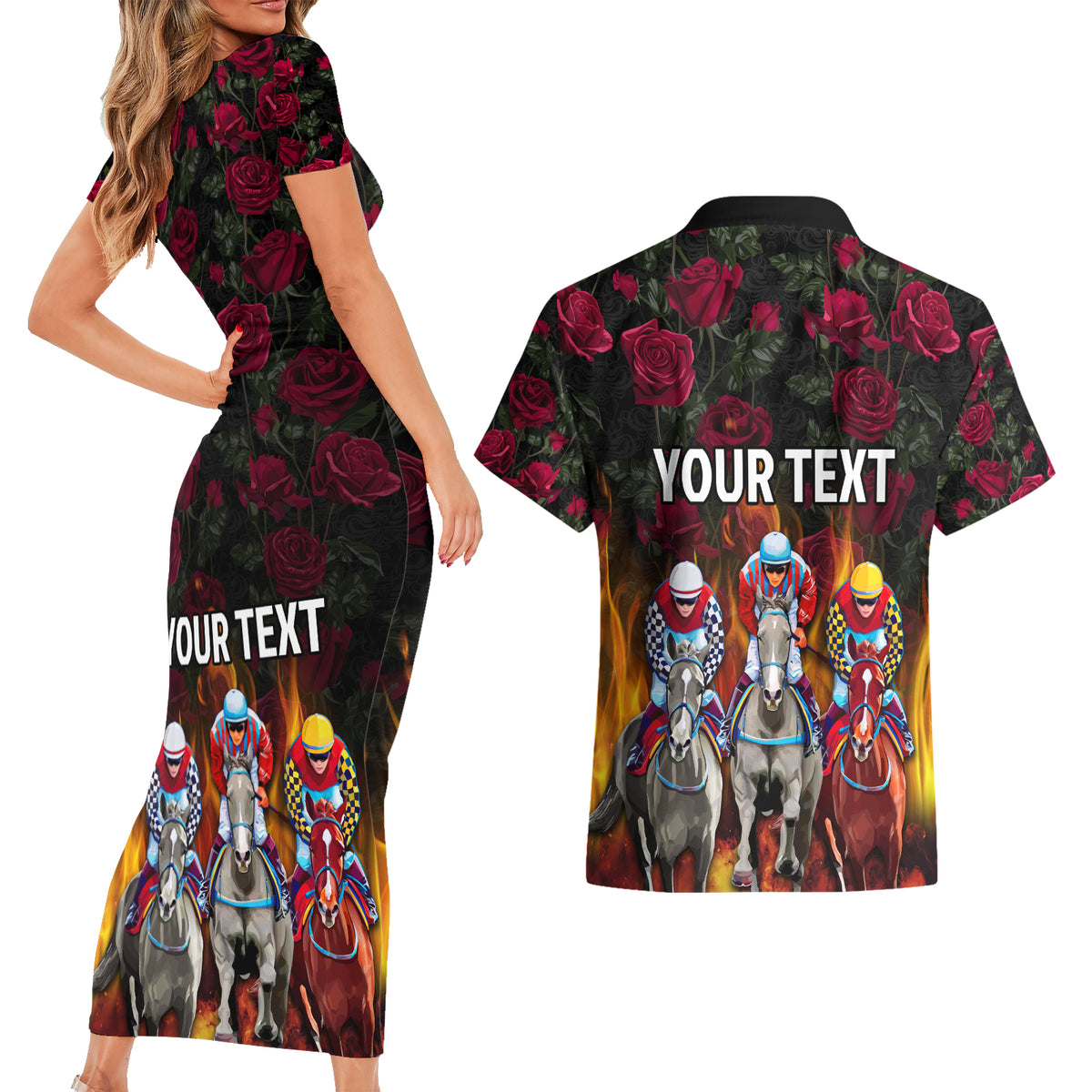 Personalized Kentucky Horses Racing Couples Matching Short Sleeve Bodycon Dress and Hawaiian Shirt Race For Burning Roses - Wonder Print Shop
