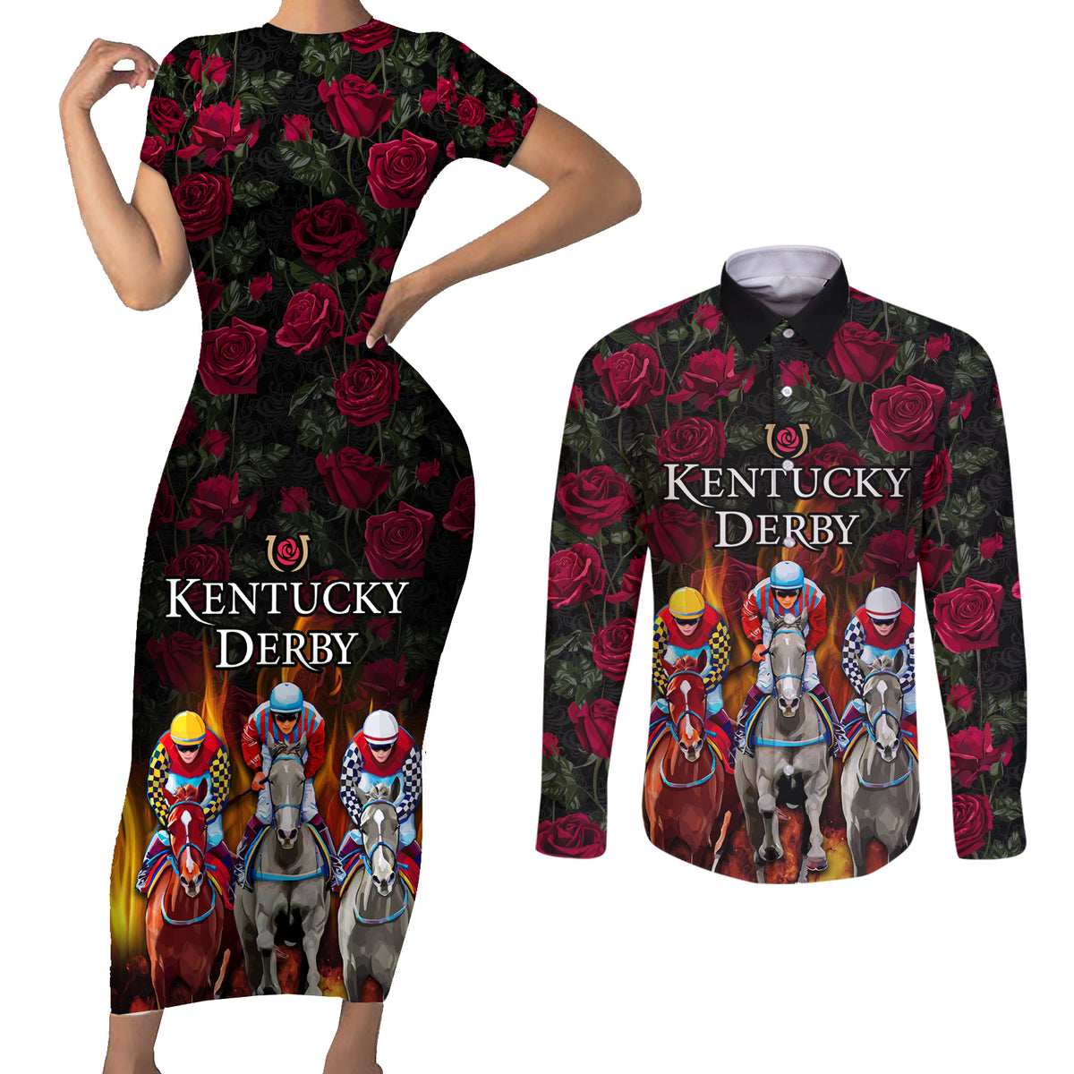 Personalized Kentucky Horses Racing Couples Matching Short Sleeve Bodycon Dress and Long Sleeve Button Shirt Race For Burning Roses - Wonder Print Shop