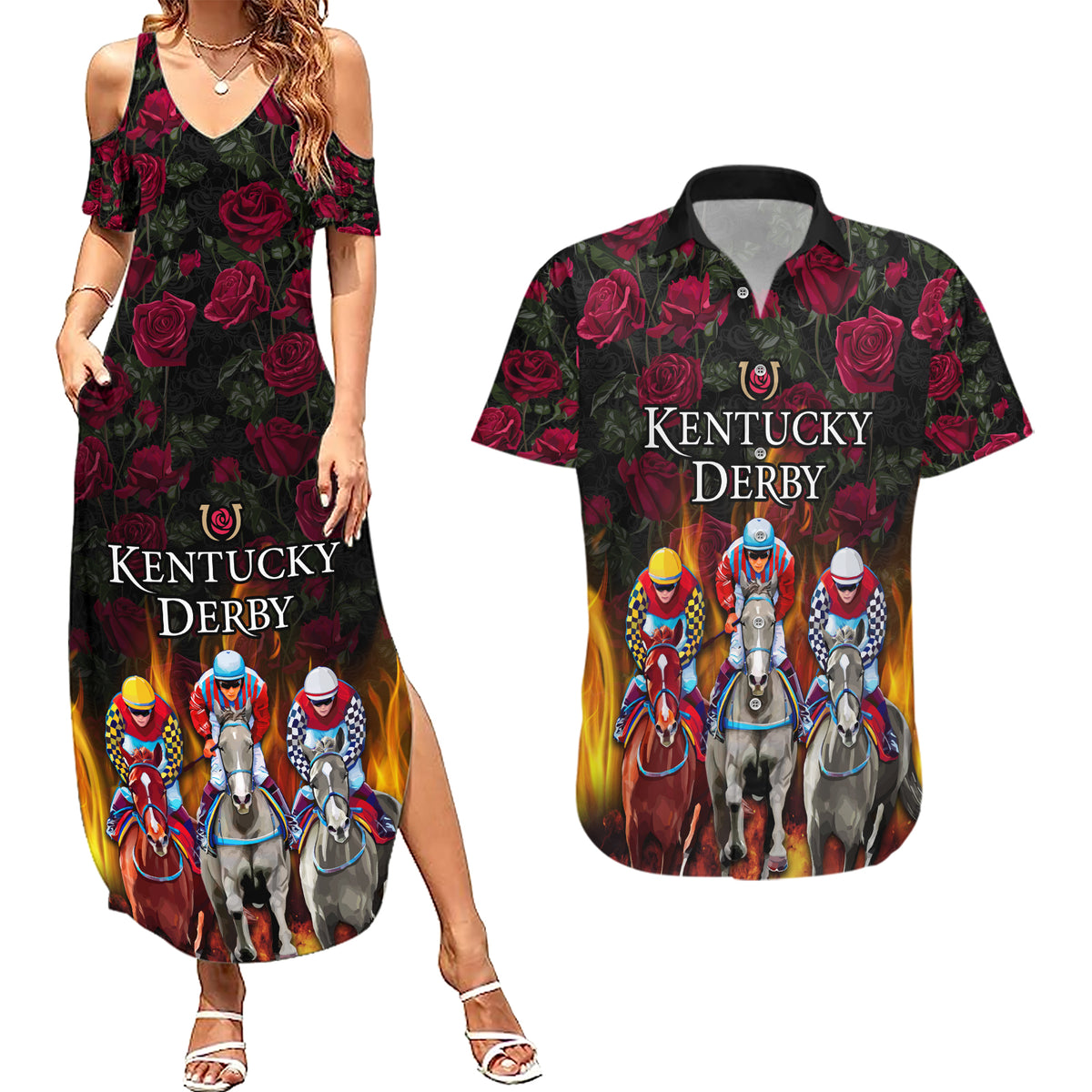 Personalized Kentucky Horses Racing Couples Matching Summer Maxi Dress and Hawaiian Shirt Race For Burning Roses - Wonder Print Shop