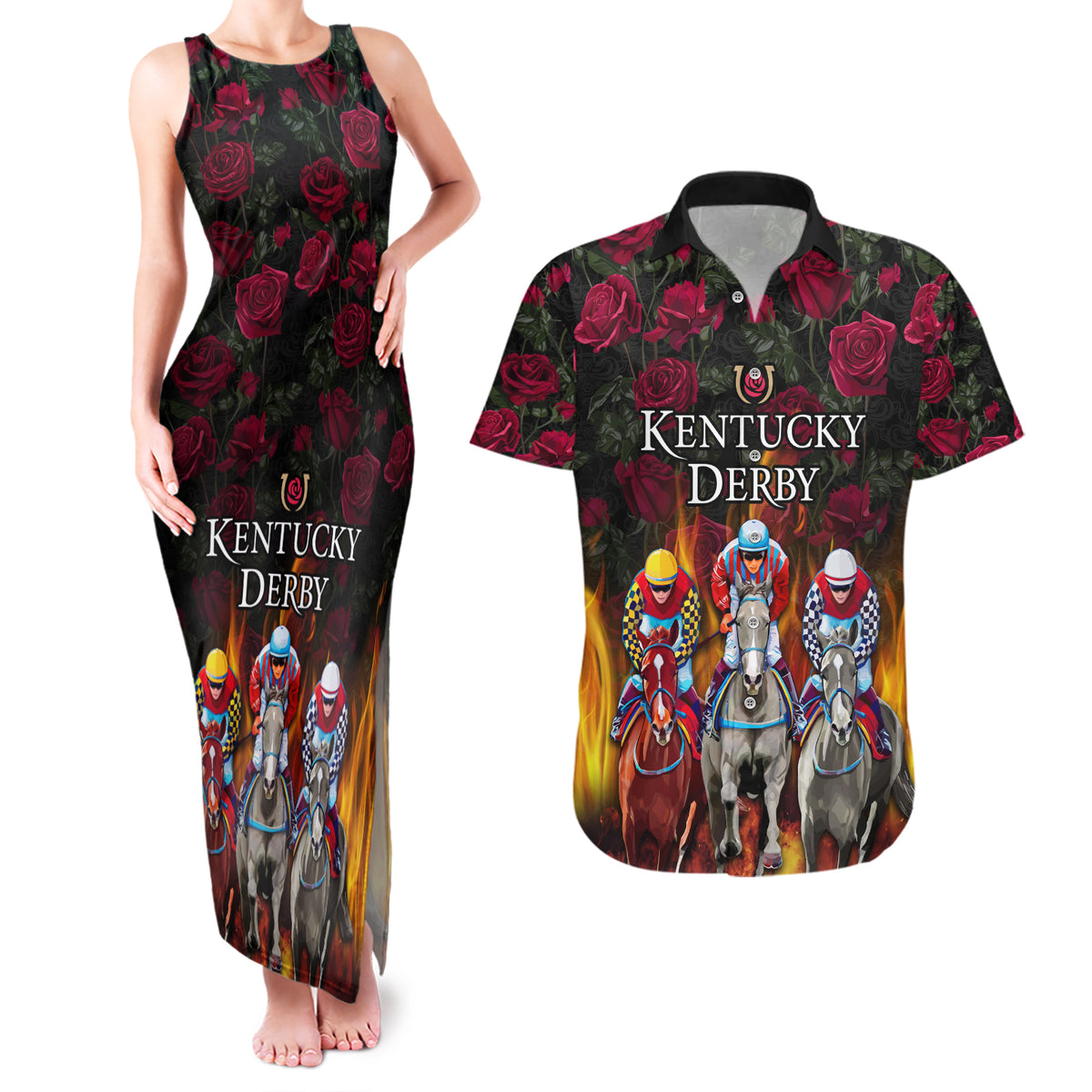 Personalized Kentucky Horses Racing Couples Matching Tank Maxi Dress and Hawaiian Shirt Race For Burning Roses - Wonder Print Shop