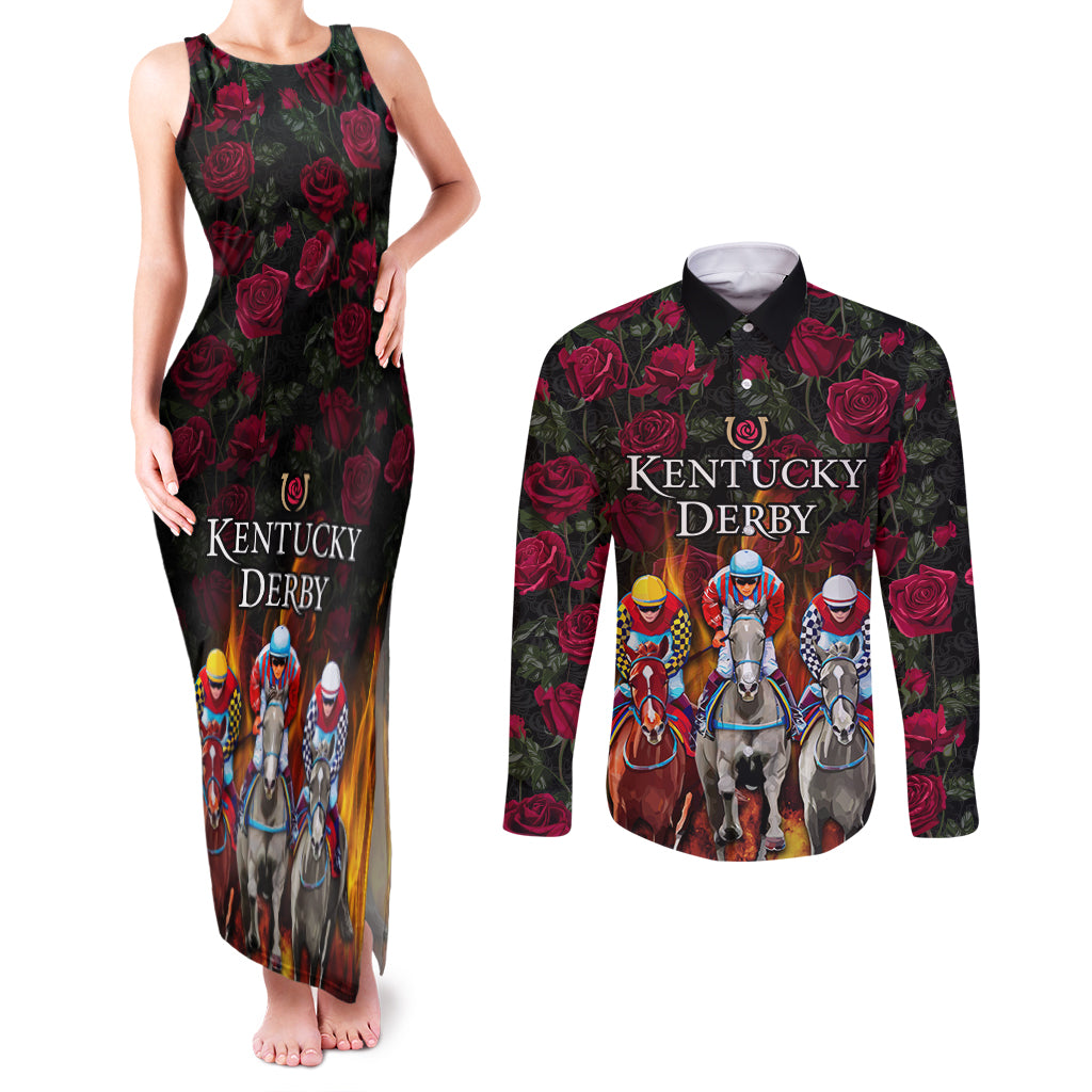 Personalized Kentucky Horses Racing Couples Matching Tank Maxi Dress and Long Sleeve Button Shirt Race For Burning Roses - Wonder Print Shop