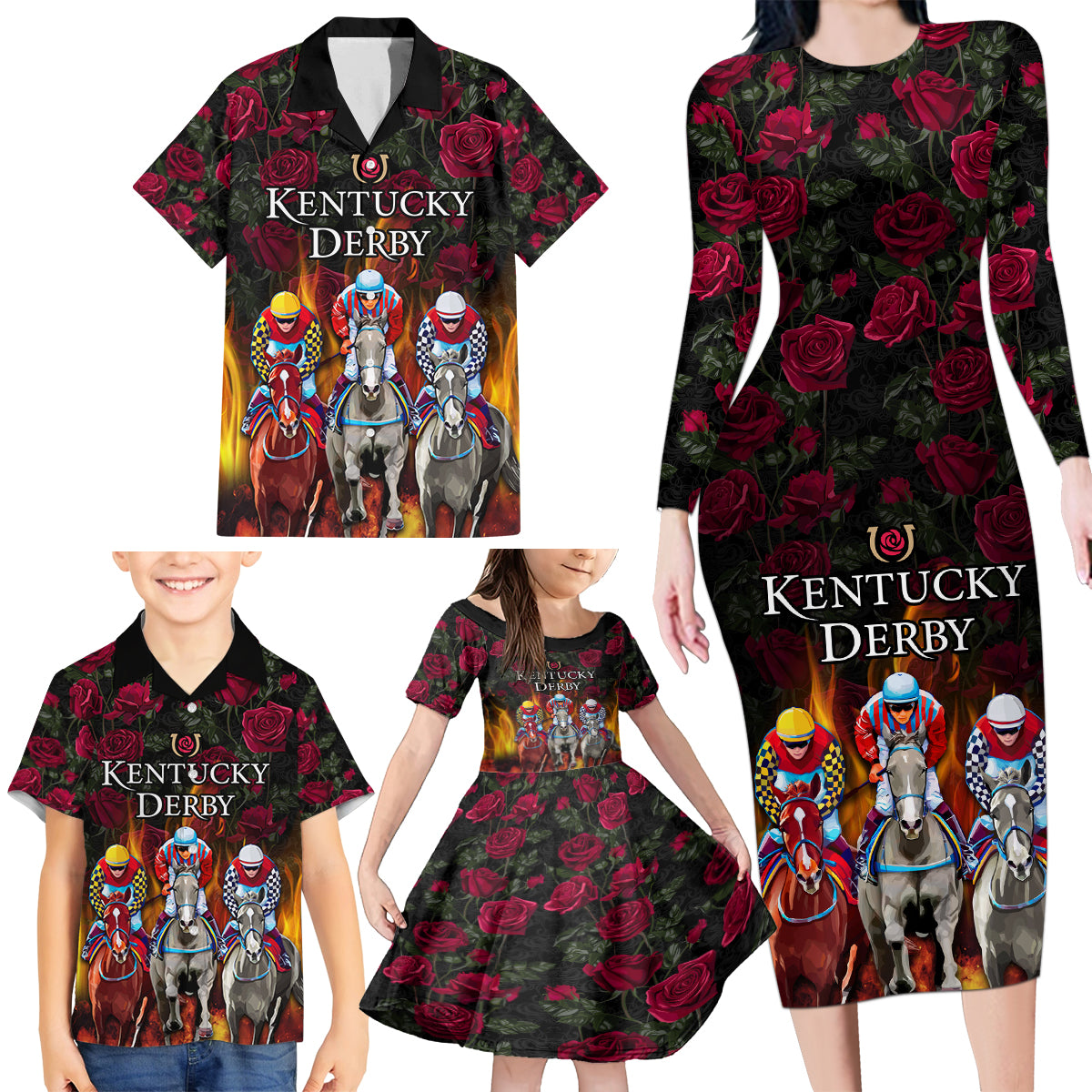 Personalized Kentucky Horses Racing Family Matching Long Sleeve Bodycon Dress and Hawaiian Shirt Race For Burning Roses - Wonder Print Shop