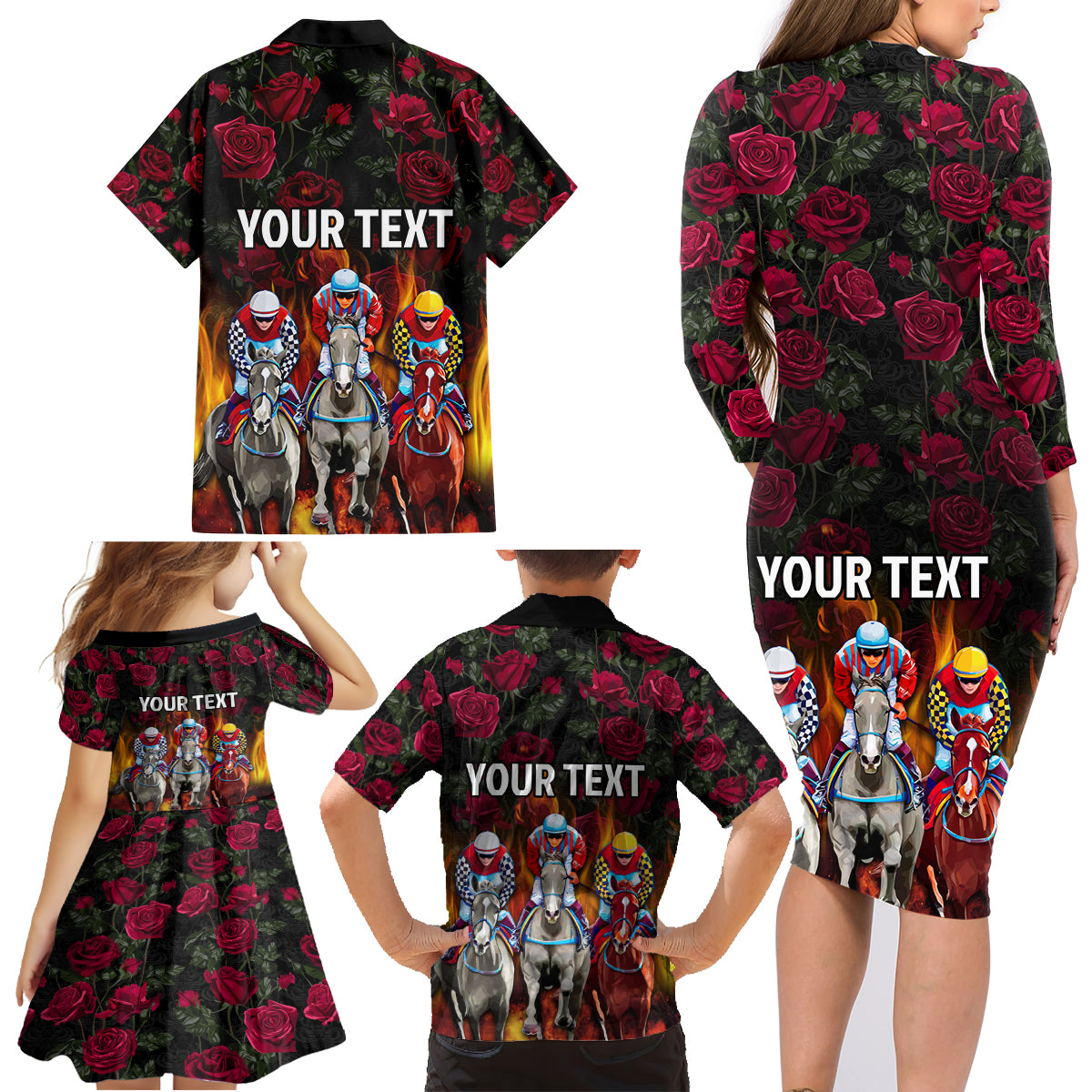 Personalized Kentucky Horses Racing Family Matching Long Sleeve Bodycon Dress and Hawaiian Shirt Race For Burning Roses - Wonder Print Shop
