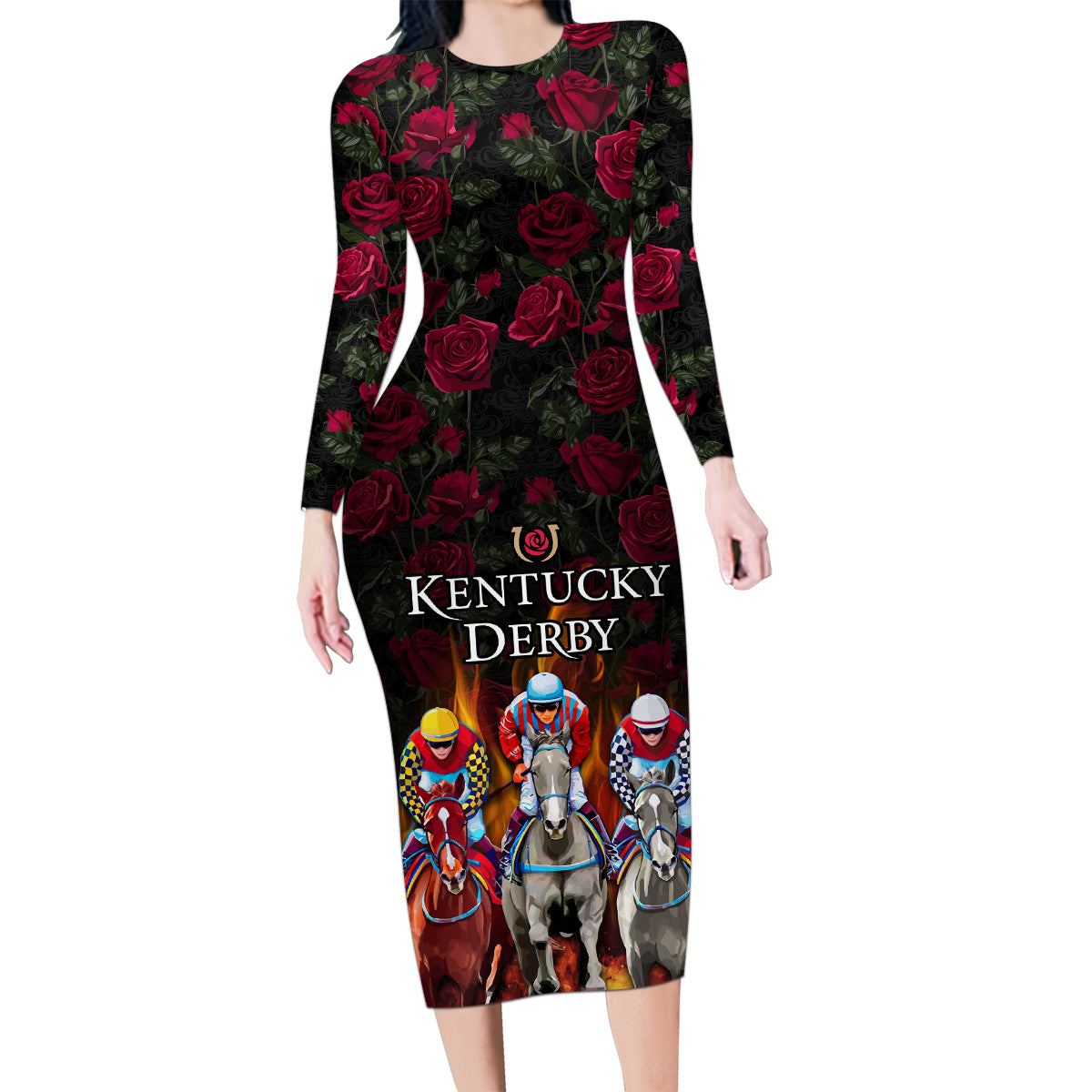 Personalized Kentucky Horses Racing Family Matching Long Sleeve Bodycon Dress and Hawaiian Shirt Race For Burning Roses - Wonder Print Shop