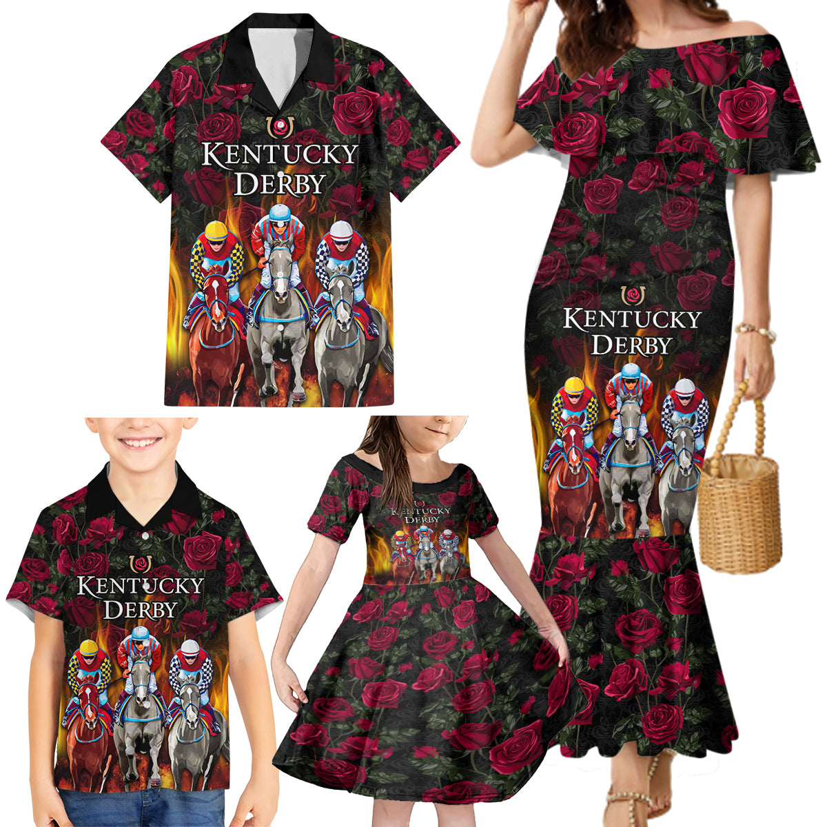 Personalized Kentucky Horses Racing Family Matching Mermaid Dress and Hawaiian Shirt Race For Burning Roses - Wonder Print Shop