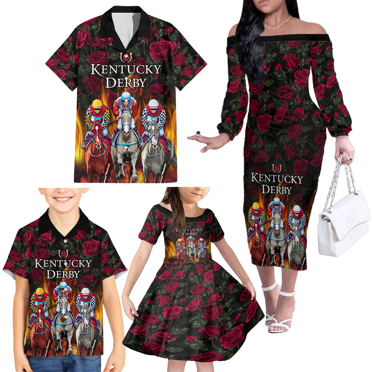 Personalized Kentucky Horses Racing Family Matching Off The Shoulder Long Sleeve Dress and Hawaiian Shirt Race For Burning Roses - Wonder Print Shop