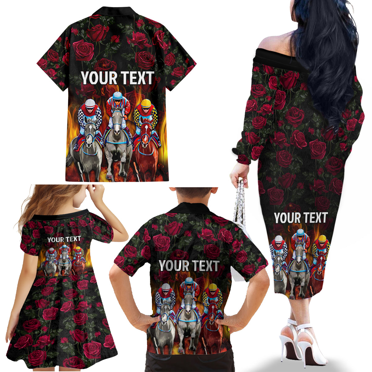 Personalized Kentucky Horses Racing Family Matching Off The Shoulder Long Sleeve Dress and Hawaiian Shirt Race For Burning Roses - Wonder Print Shop