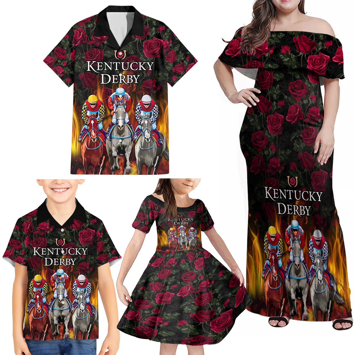 Personalized Kentucky Horses Racing Family Matching Off Shoulder Maxi Dress and Hawaiian Shirt Race For Burning Roses - Wonder Print Shop