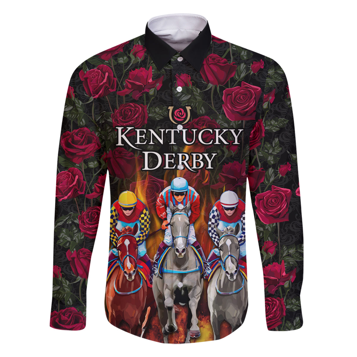 Personalized Kentucky Horses Racing Family Matching Off Shoulder Maxi Dress and Hawaiian Shirt Race For Burning Roses - Wonder Print Shop