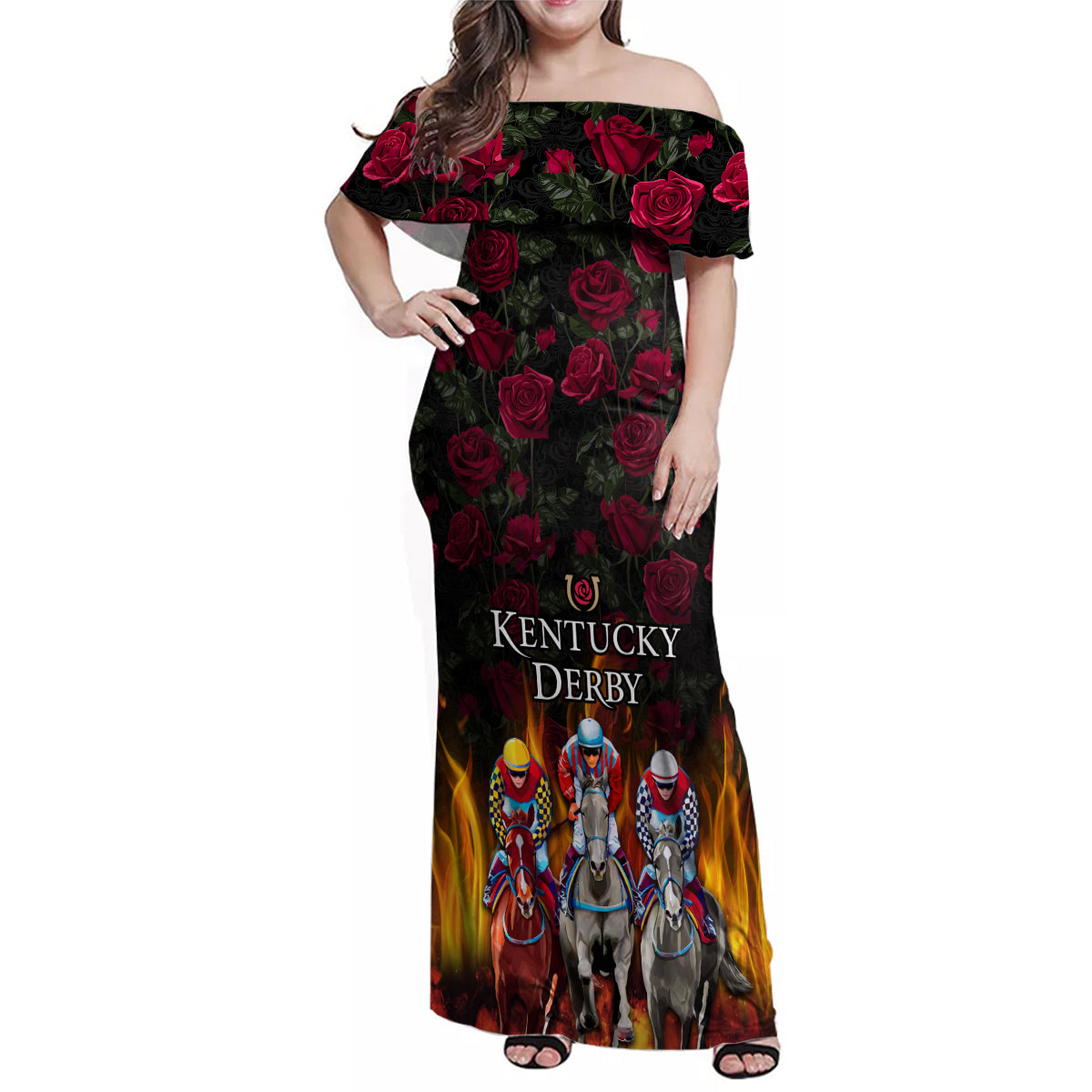 Personalized Kentucky Horses Racing Family Matching Off Shoulder Maxi Dress and Hawaiian Shirt Race For Burning Roses - Wonder Print Shop