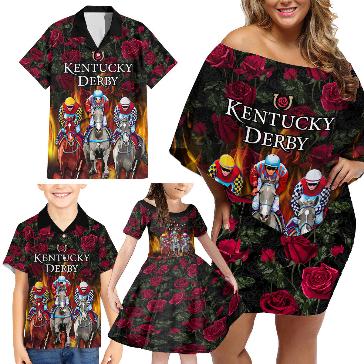 Personalized Kentucky Horses Racing Family Matching Off Shoulder Short Dress and Hawaiian Shirt Race For Burning Roses - Wonder Print Shop