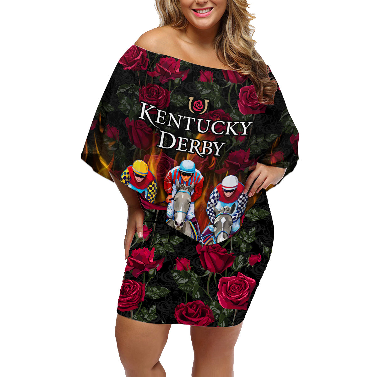 Personalized Kentucky Horses Racing Family Matching Off Shoulder Short Dress and Hawaiian Shirt Race For Burning Roses - Wonder Print Shop