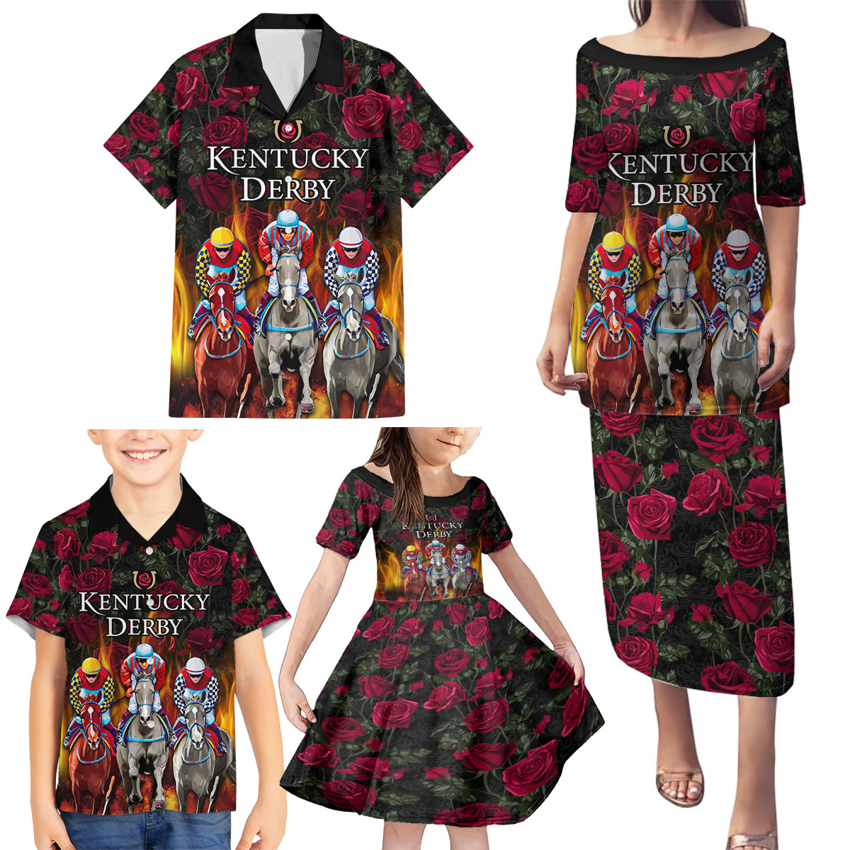 Personalized Kentucky Horses Racing Family Matching Puletasi and Hawaiian Shirt Race For Burning Roses - Wonder Print Shop
