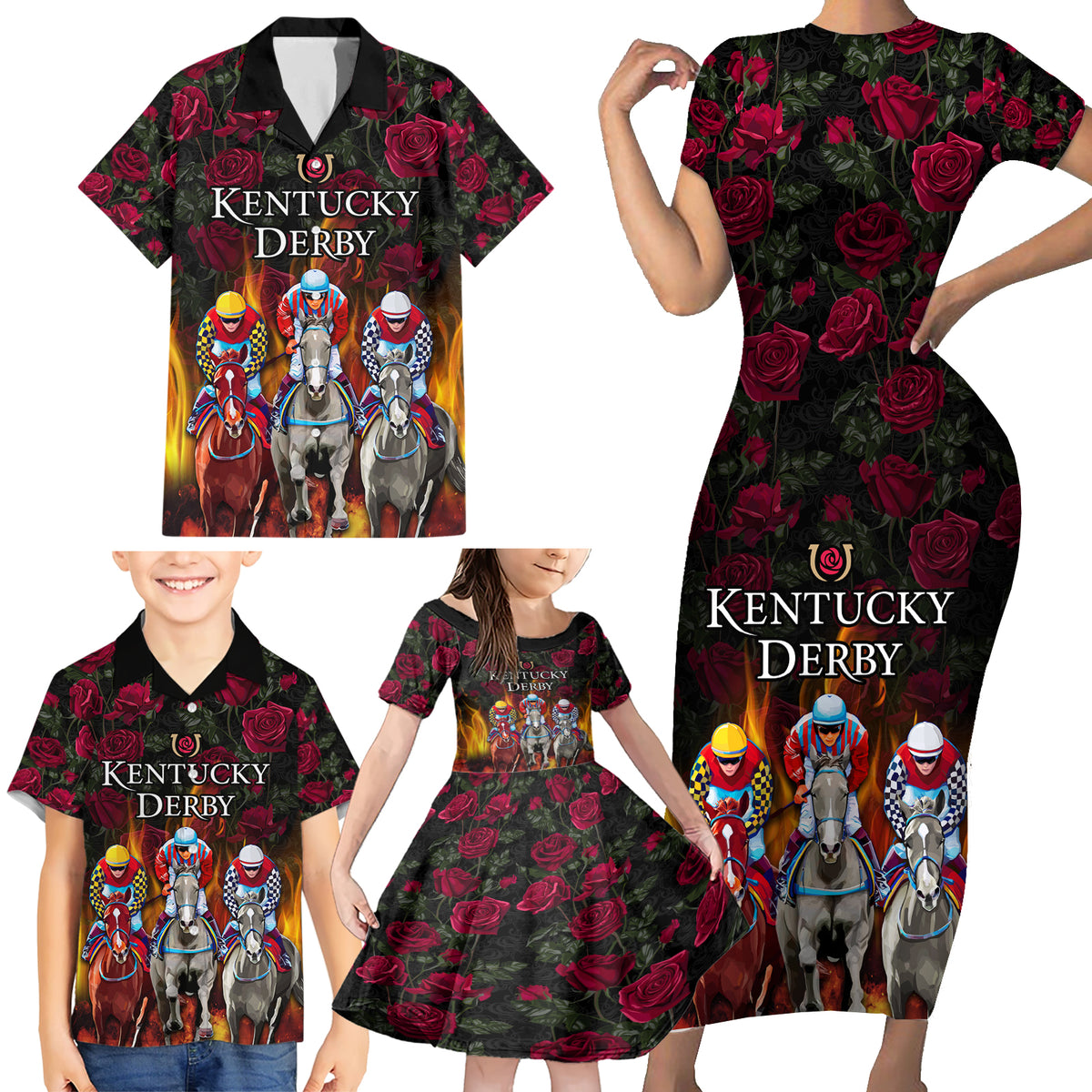 Personalized Kentucky Horses Racing Family Matching Short Sleeve Bodycon Dress and Hawaiian Shirt Race For Burning Roses - Wonder Print Shop