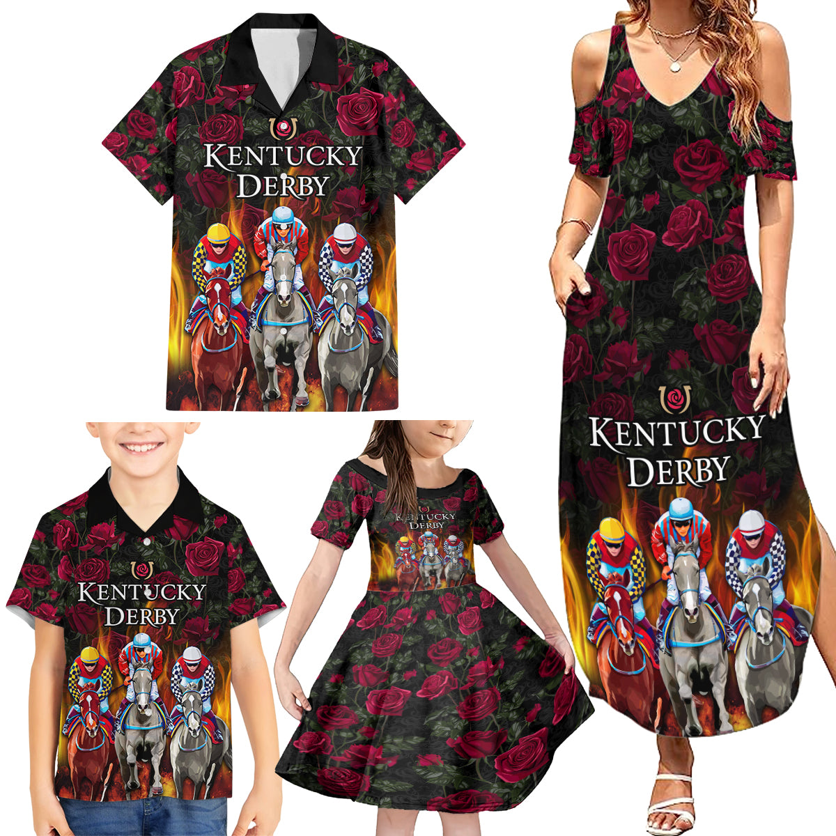 Personalized Kentucky Horses Racing Family Matching Summer Maxi Dress and Hawaiian Shirt Race For Burning Roses - Wonder Print Shop