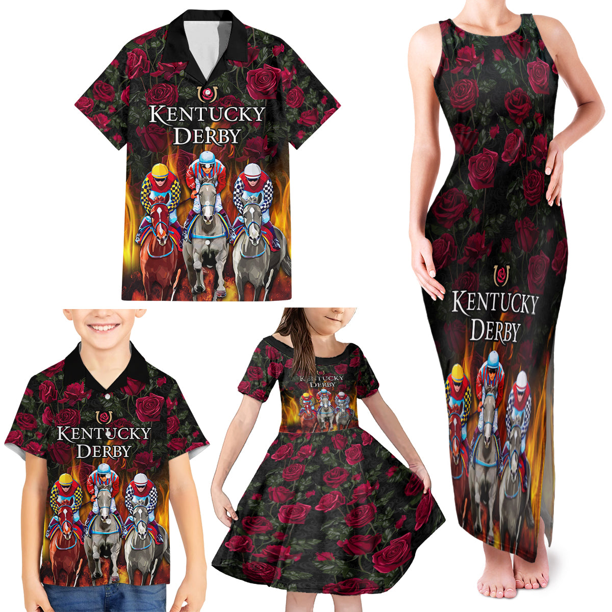 Personalized Kentucky Horses Racing Family Matching Tank Maxi Dress and Hawaiian Shirt Race For Burning Roses - Wonder Print Shop