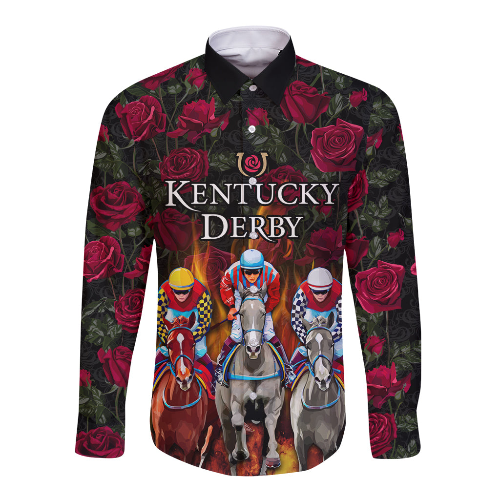 Personalized Kentucky Horses Racing Long Sleeve Button Shirt Race For Burning Roses - Wonder Print Shop