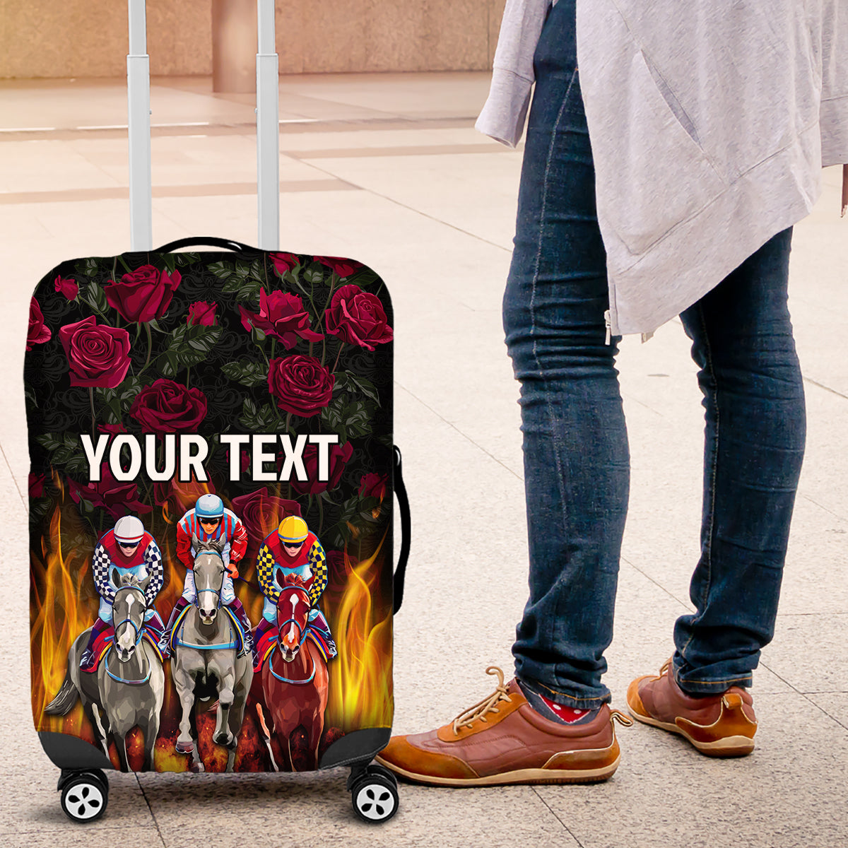 Personalized Kentucky Horses Racing Luggage Cover Race For Burning Roses