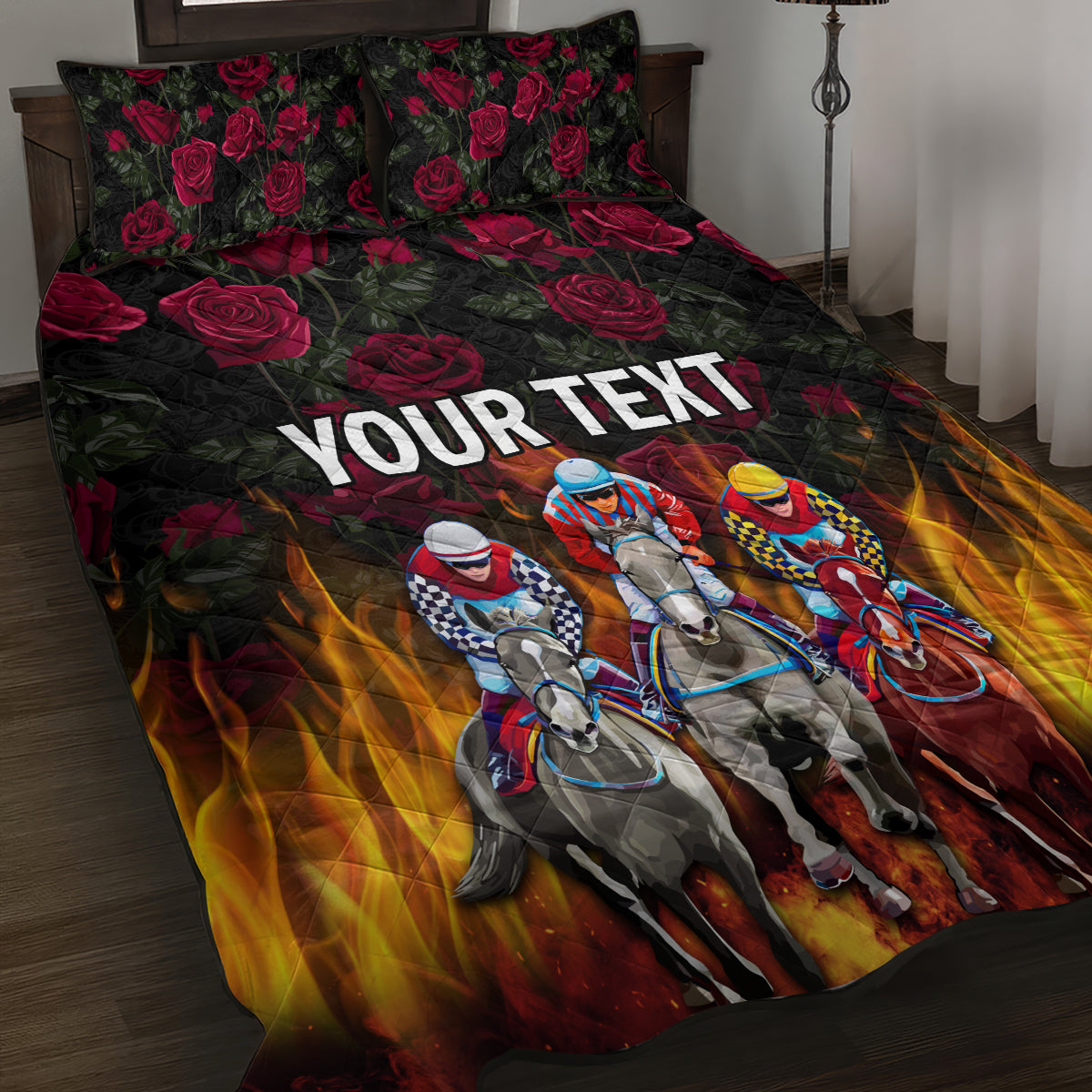 Personalized Kentucky Horses Racing Quilt Bed Set Race For Burning Roses