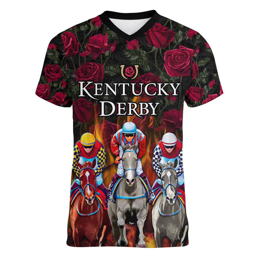 Personalized Kentucky Horses Racing Women V-Neck T-Shirt Race For Burning Roses - Wonder Print Shop