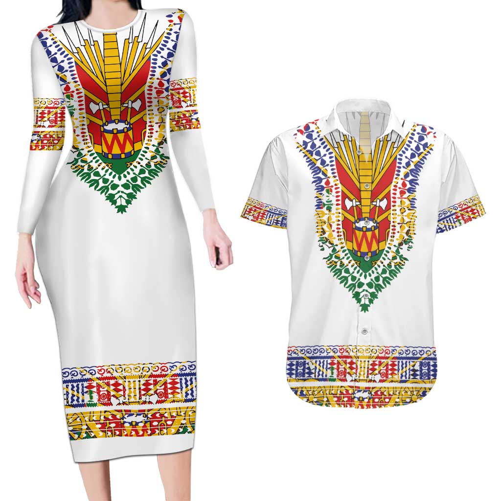 Haiti Flag Traditional Dashiki Couples Matching Long Sleeve Bodycon Dress and Hawaiian Shirt White Color