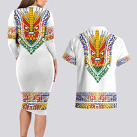 Haiti Flag Traditional Dashiki Couples Matching Long Sleeve Bodycon Dress and Hawaiian Shirt White Color