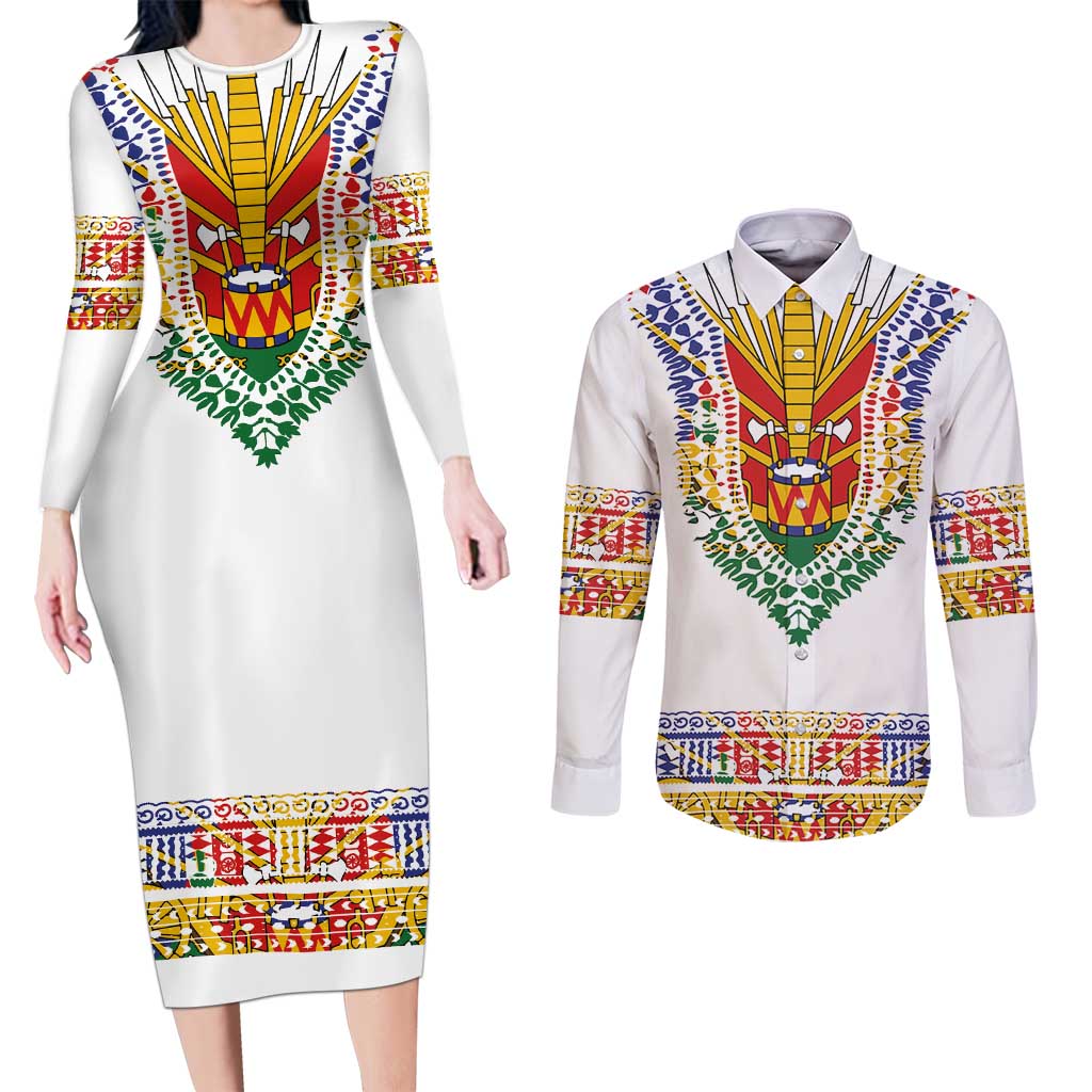 Haiti Flag Traditional Dashiki Couples Matching Long Sleeve Bodycon Dress and Long Sleeve Button Shirt White Color