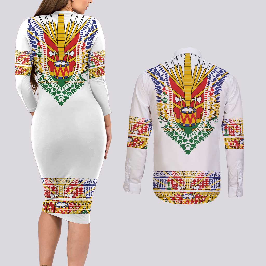 Haiti Flag Traditional Dashiki Couples Matching Long Sleeve Bodycon Dress and Long Sleeve Button Shirt White Color