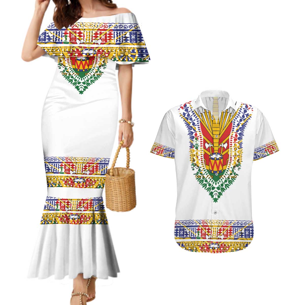 Haiti Flag Traditional Dashiki Couples Matching Mermaid Dress and Hawaiian Shirt White Color