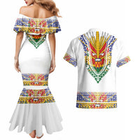 Haiti Flag Traditional Dashiki Couples Matching Mermaid Dress and Hawaiian Shirt White Color