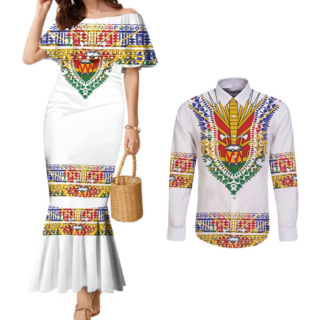 Haiti Flag Traditional Dashiki Couples Matching Mermaid Dress and Long Sleeve Button Shirt White Color
