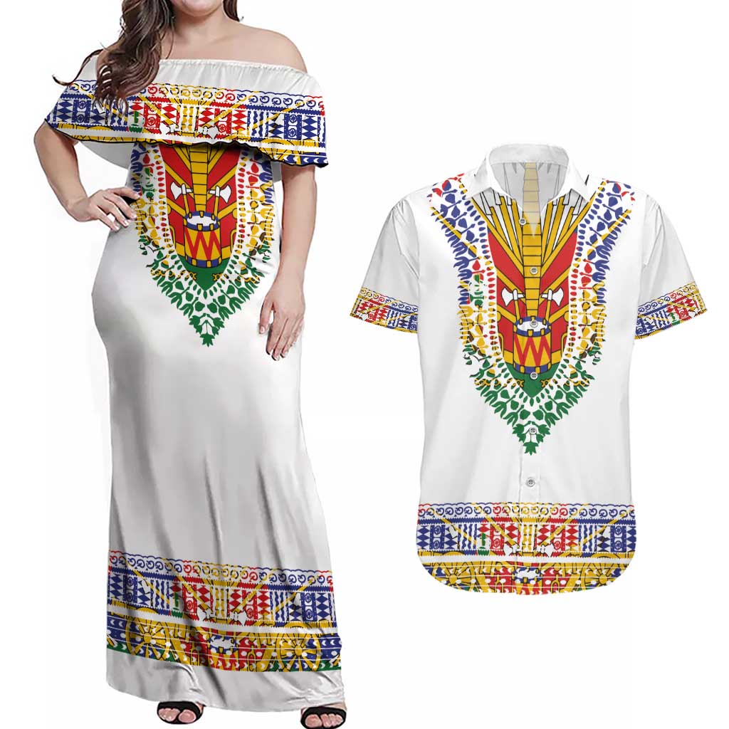 Haiti Flag Traditional Dashiki Couples Matching Off Shoulder Maxi Dress and Hawaiian Shirt White Color