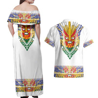 Haiti Flag Traditional Dashiki Couples Matching Off Shoulder Maxi Dress and Hawaiian Shirt White Color