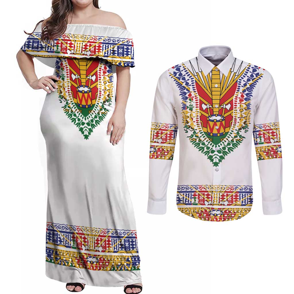 Haiti Flag Traditional Dashiki Couples Matching Off Shoulder Maxi Dress and Long Sleeve Button Shirt White Color