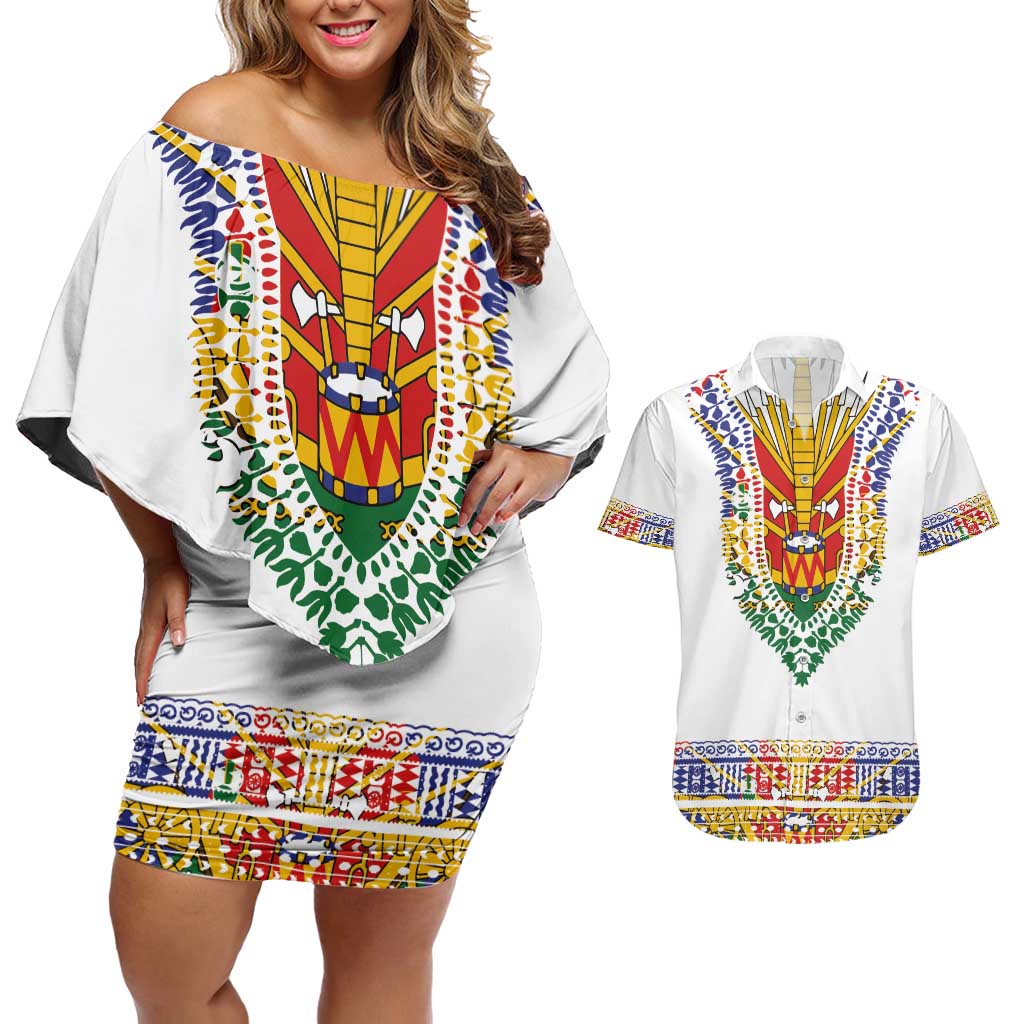 Haiti Flag Traditional Dashiki Couples Matching Off Shoulder Short Dress and Hawaiian Shirt White Color