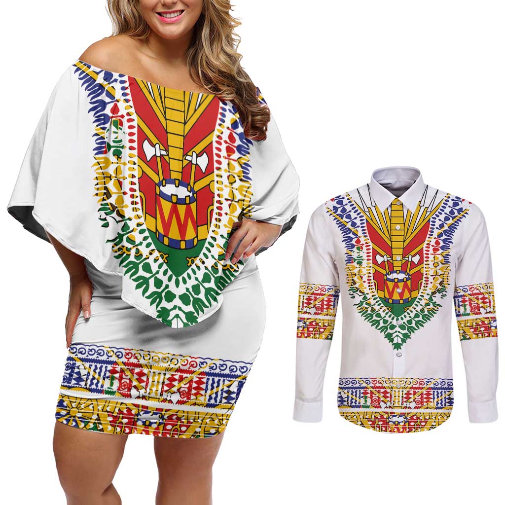 Haiti Flag Traditional Dashiki Couples Matching Off Shoulder Short Dress and Long Sleeve Button Shirt White Color