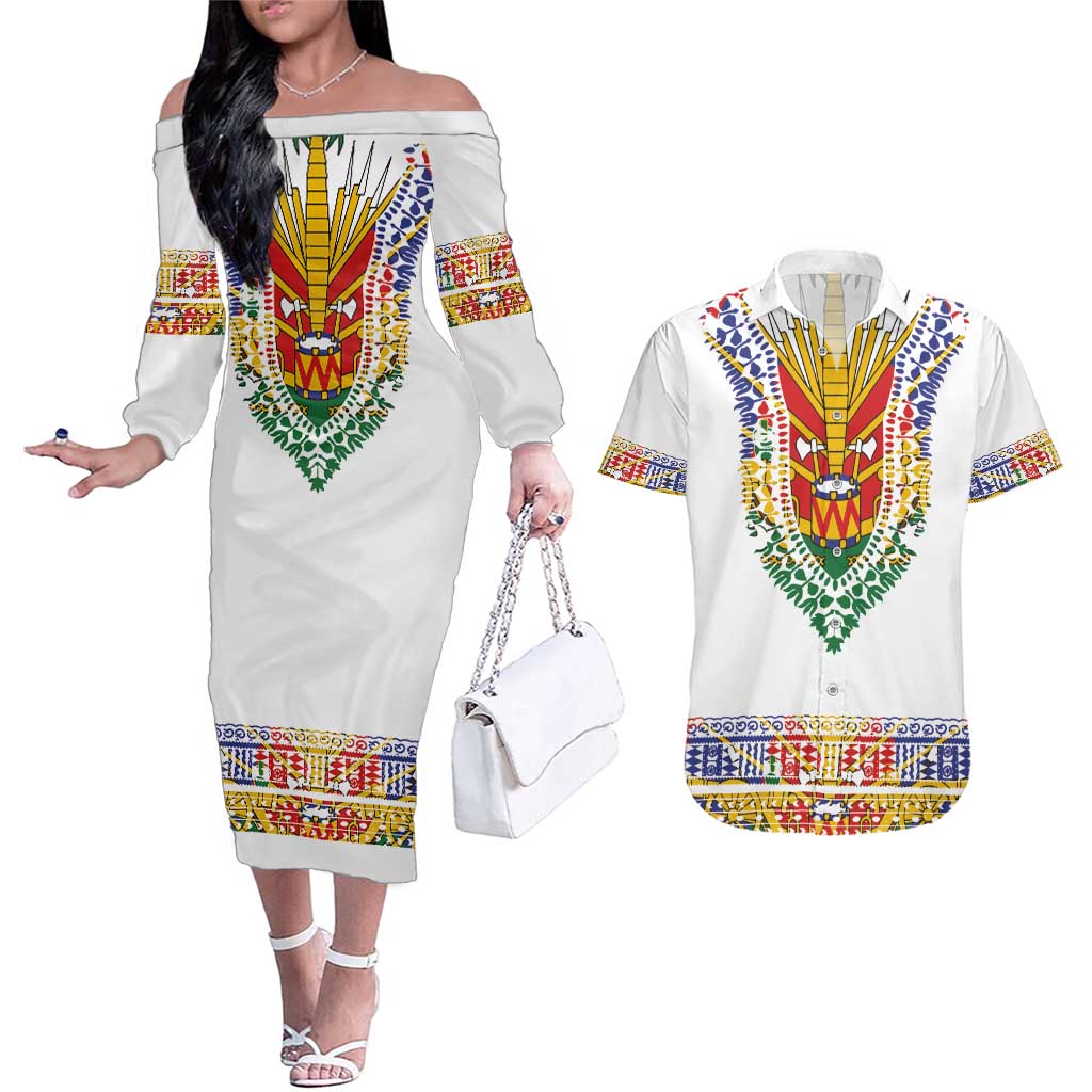 Haiti Flag Traditional Dashiki Couples Matching Off The Shoulder Long Sleeve Dress and Hawaiian Shirt White Color