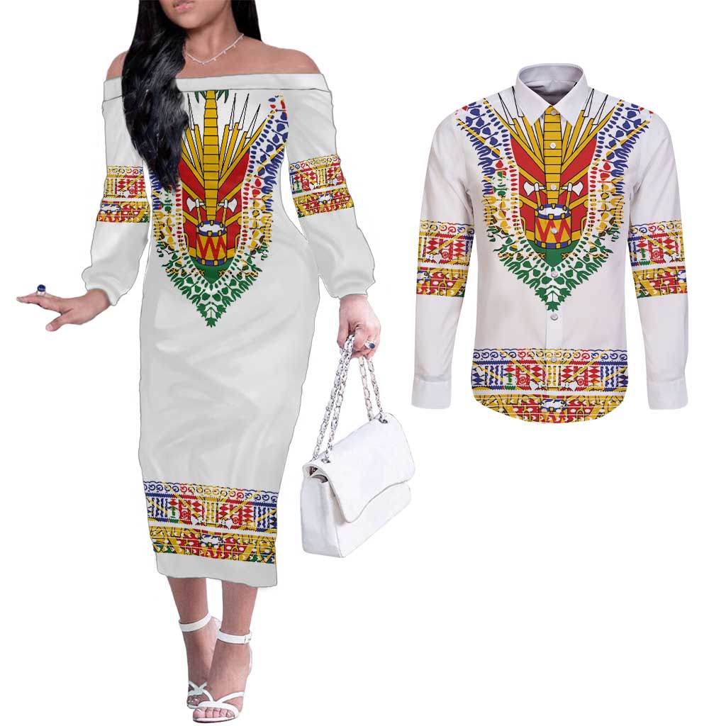 Haiti Flag Traditional Dashiki Couples Matching Off The Shoulder Long Sleeve Dress and Long Sleeve Button Shirt White Color