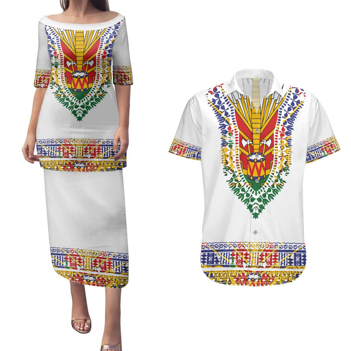 Haiti Flag Traditional Dashiki Couples Matching Puletasi and Hawaiian Shirt White Color